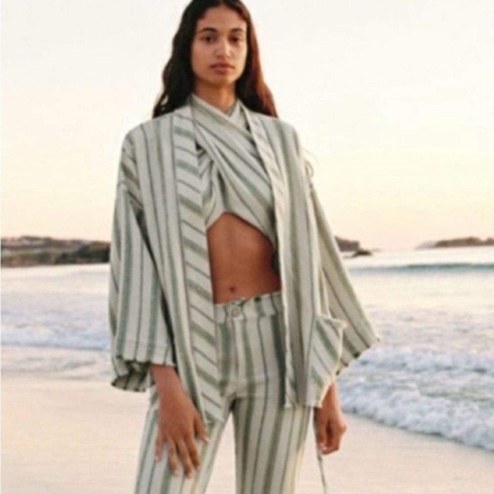 ZARA The Beth Kimono, Rustic Green Tan, Yellow, Belted, Woven Cotton, Size l